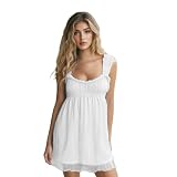 Women Square Neck Mini Dress Summer Sleeveless Floral Embroidery Frill Hem A-line Dress (White, S)