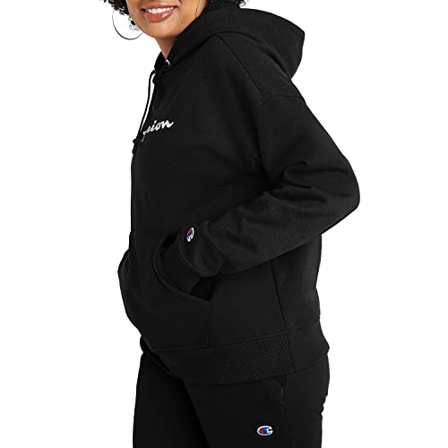 Champion, Powerblend, Fleece Hoodie, Sweatshirt For Women, (Reg. Or Plus), Black Script, Large #TOP2