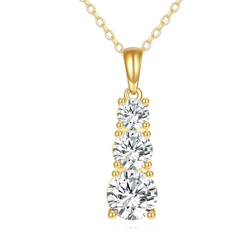 DOVRAN 14K Solid Gold Moissanite Necklace for Women 3 Stone 1.8CT Moissanite Engagement Necklace Wedding Pendant Real Gold Moissanite Jewelry for Her