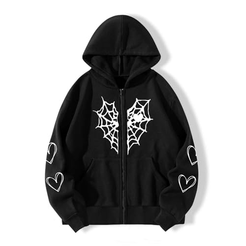 Oversized Y2K Zip Up Hoodie for Women Men Gothic Spider Web