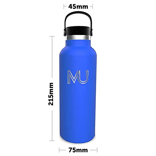 MU - Metal Water Bottle 600 ml - Triple Walled Vacuum Insulated Stainless Steel Water Bottle Powder Coated with 2 Leakproof Lids (inc Straw) - BPA-Free - Standard Mouth (Cobalt Blue)