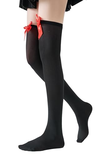 Image of Black Thigh High Stockings with Red Satin Bow Sexy Black Over Knee High Long Socks with Bow for Women Opaque Thigh High Tights Stockings Hosiery for Lingerie Cosplay Costumes Halloween Valentine's Day