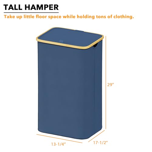 SpaceAid Laundry Hamper with Lid, 110L Large Tall Clothes Basket Bin with Bamboo Handles, Collapsible Laundry Hamper for Bedroom, Bathroom, Dorm, Laundry Room - Blue
