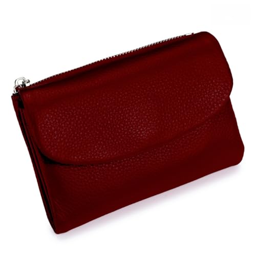 Men's/Women's Genuine Leather Wallet, Large Capacity 6-Card Capacity Wallet, Multiple Hidden Compartments Cowhide Leather Wallet, Suitable Gift for Men/Women (Deep Red)