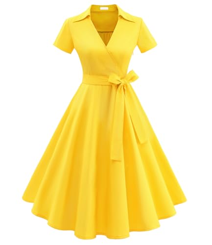 Photo de Timormode Robe Années 50's Audrey Hepburn Rockabilly Swing,Plissé Robe à Manches Courtes 10084Yellow 2XL