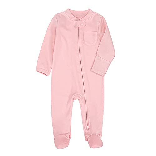 Teach Leanbh Baby Boys Girls Footed Pajamas with Mittens Cotton Long Sleeve 2 Way Zipper Romper Jumpsuit Sleep and Play 0-12 Months (Pink, 0-3 Months)