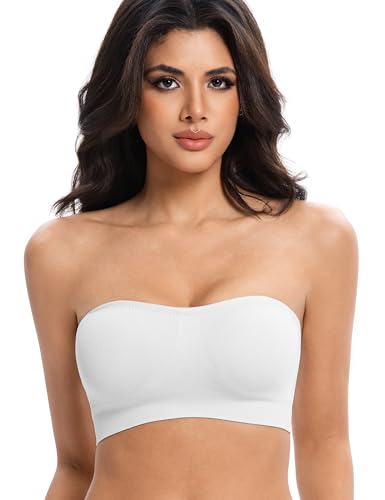 Lusait Strapless Bras for Women Non-Slip Seamless Padded Bandeau Bra Wireless Convertible Tube Top Bralette White M
