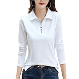keusyoi Polo à manches longues en coton avec bouton pour femme, couleur unie, chemises de golf pour femmes, blanc, M