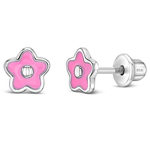 925 Sterling Silver Little Girl's 6mm Pink Enamel Flower Shaped Screw Back Locking Earrings for Toddlers & Pre Teens Playful and Formal Outfits, Daily and Occasional Use