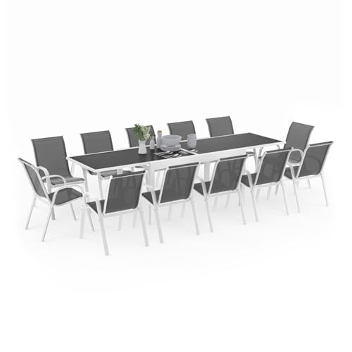 IDMarket - Salon de Jardin Madrid Table Extensible 135-270 CM et 12 chaises empilables Blanc et Gris