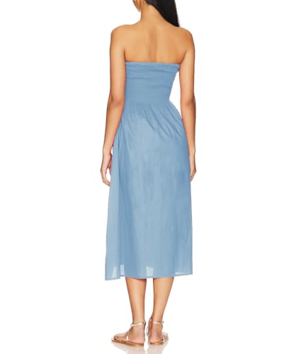 Image of Women Strapless Smocked Flowy Swing Boho Maxi Dress Tube Top Beach Dress | Smocked Bodice Flowy A Line Beach Dress with Pocket Casual Vacation Beach Wedding Guest Dress Off Shoulder Boho Dresses