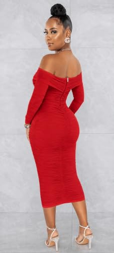 Image of Fooullaide Women's Sexy Off Shoulder Sleeveless Bodycon Ruched Midi Dress