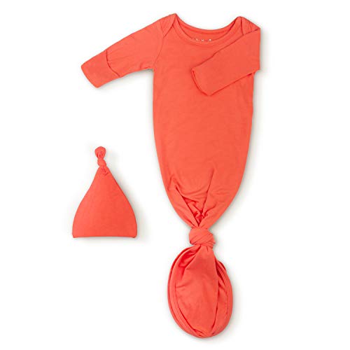 Newborn Baby Knotted Gown, Super Soft Silky Infant Long Sleeve Sleeper for Baby Girl and Boy Sleeping Bag with Mittens and Hat Set (Extra Long), Unisex Plain Coming Home Outfit Orange Red