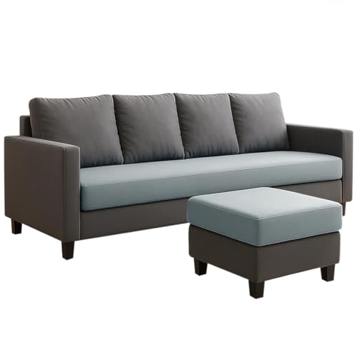Image of FURNY Arnold 5 Seater L Shape Sofa Set with Movable Ottoman | Flexible Left or Right Layout | Plush Velvet Fabric (Dark Grey-Light Grey) | Perfect for Living Room, Guest Room & Office