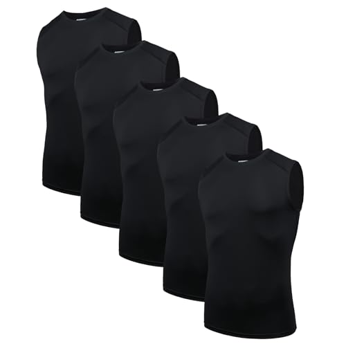 AMZSPORT 5er Pack Herren Tank Top Atmungsaktiv Kompressionsshirt Funktionsshirt Laufshirt Ärmelloses Unterhemd für Sport, Gym, Fitness und Running Schwarz L