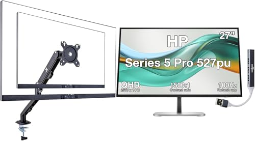 Image of HP Series 5 Pro 527pu 27 inch QHD IPS Monitor with 5ms Response Time, Anti Glare, Flicker Free, VESA Mount (100mm), Displayport, HDMI, Black /Silver (9E0G5AA#ABA) w /DKZ Hub & ErgoFlexy Single Mount Arm