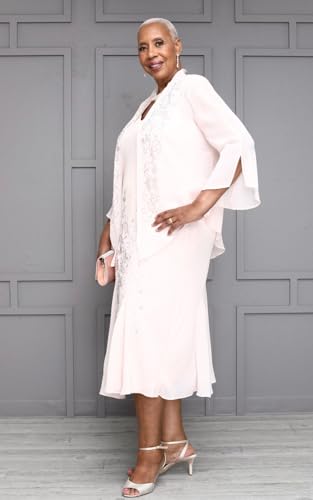 Image of Elegant Beaded Pebble Georgette Mid-Calf Slip Dress W /Matching 3 /4 Sleeve Jacket - Two-Piece Set for Formal Events