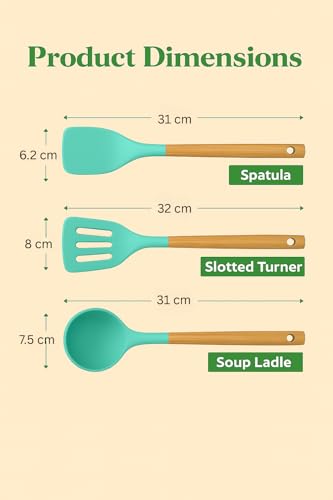Image of Sakoraware Silicone Spatula Set with Wooden Handle Kitchen Tools Mixing | Serving Cooking Spoon | Turner | Soup Ladle | Non-Stick | BPA Free Kitchen Tool Set of 3 (Green)