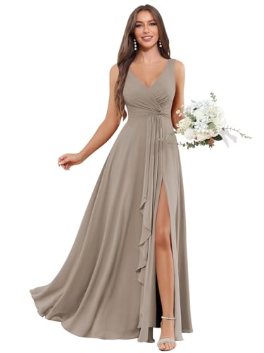 Image of BOLENSYE Bridesmaid Dresses Long Ruched Ruffles Chiffon A Line Evening Party Gown with Pockets Slit