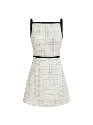 CIDER Mini Dress Square Neck Tweed A Line Solid High Waist Sleeveless Party Dresses Women