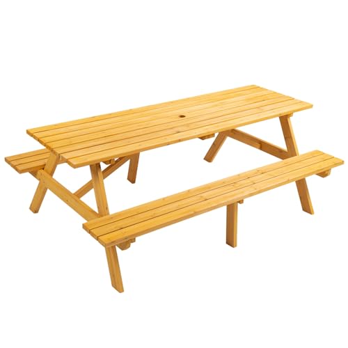 8-Person Picnic Table with 2 Built-In Benches & Umbrella Hole,
