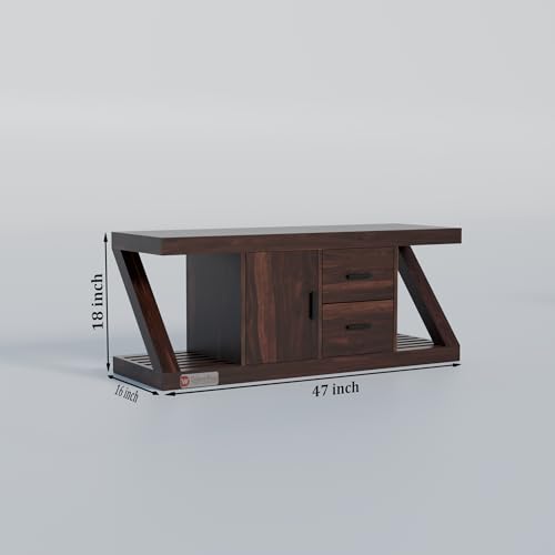 Image of DRIFTINGWOOD Zenith Modern Z-Shape TV Console for Up to 50 Inch TV, Solid Sheesham Wood Media Stand with 3 Storage Compartments (1 Cabinet, 2 Drawers), Walnut Finish