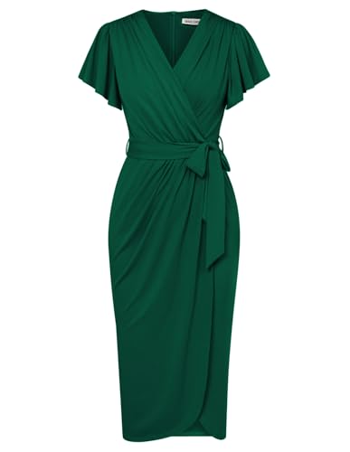GRACE KARIN Women’s Short Sleeve Green Dress V Neck Wrap Ruffle Sleeve Bodycon Work Office Ladies Dress M