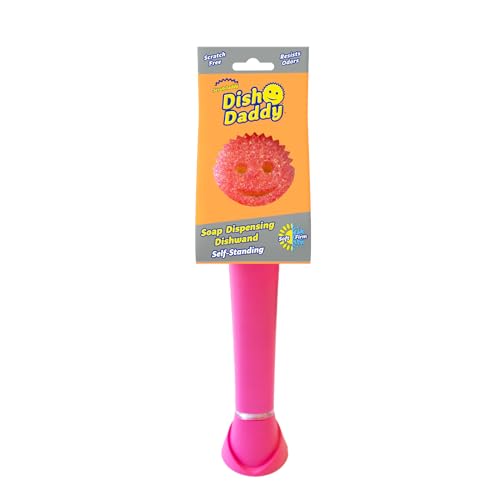 Scrub Daddy Dish Daddy - Cepillo de vajilla con depósito, esponja de vajilla rascadora FlexTexture, mango integrado con dispensador líquido vajilla, cepillo de esponja y soporte de soporte, color rosa