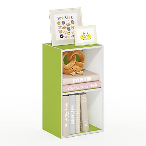 Image of Furinno PASIR Book Shelf, 2-Tier Modern Bookshelf, Open Shelves Bookcase 9 x 12 x 21, Easy Assembly, for Living Room, Bedroom, Home Office, Green /White