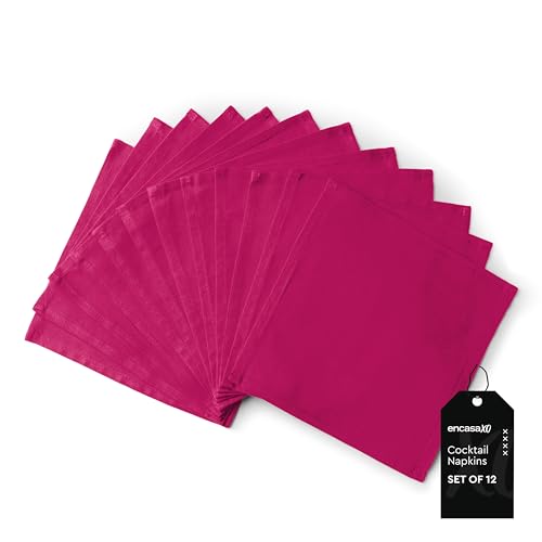 Image of Encasa XO Dining Cocktail Napkins 12 pcs (1 Dozen) Set of Large 23x23 cm (9 inchx9 inch) - Hot Pink - Absorbent Heavy Cotton Party Fabric Machine Washable for Home Restaurant Banquet & Hotel