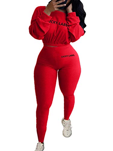 Bornpom Womens Two Piece Outfits Letter Print Sweatsuits Tracksuit Long Sleeve Sweatshirt and Sweatpants Set Red XL