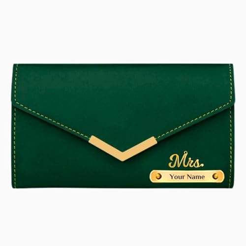 Image of Personalized Leather Clutch for Women | Custom Name & Charm | 3-Fold Ladies Wallet | Stylish Purse Gift for Girlfriend, Wife, Mother & Sister | Multi-Compartment Wallet (Dark Green)