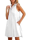 DEEP SELF Women Summer Collared Shirt Dress Casual Loose Button Down Short Dress V Neck Tunic Mini Dress with Pockets White