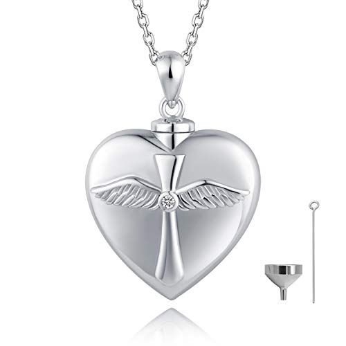 BEILIN 925 Sterling Silver Angel Wings Cross Urn Pendant Necklace Keepsake Memorial Heart Cremation Jewelry for Ashes: God has You in his arms I Have You in My Heart