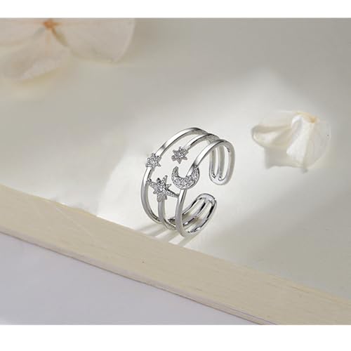 Moon Star Sun Statement Silver Plated Ring for Women CZ Engagement Layered Open Band Rings Adjustable Expandable Comfort Fit Wedding Promise Birthday Party Jewelry (Triple Lines)4