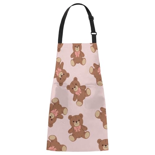 Aglebo Cute Bears Pink Chef Apron with Pockets Adjustable Shoulder Strap Waterproof Cooking Apron for Kitchen Baking Gardening Pottery Painting
