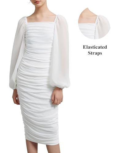 EXARUS Girls Ruched Bodycon Dress Teens Graduation Prom Wedding Party Chiffon Lantern Sleeve Midi Long Dresses4