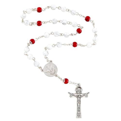 Confirmation Gifts of the Holy Spirit Chaplet with Recitation Prayer Card Rosary features White and Red Bead with Descending Dove Centerpiece and Trinity Crucifix, onesize2