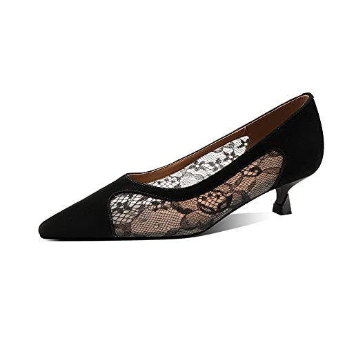 TinaCus Women's Pointed Toe Suede Leather & Mesh Handmade Kitten Heels Elegant Pumps Shoes