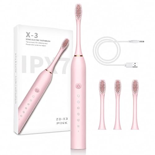 Image of Sonic Electric Toothbrush | Waterproof Rechargeable Toothbrush with Replaceable Brush Heads | Cosmic Lite Sonic Toothbrush with 6 Modes, 4 Brush Heads, 1 Interdental Head - Pack of 1 Pink Color