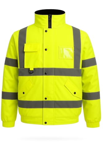 BLOOM BLENDS High Visibility Bomber Jacket Waterproof Reflective Safety Coat Hi Vis Workwear Winter Jacket with fleece Lining Waterproof Outer & Removable Hood (UK XL Yellow)