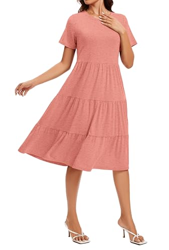 Image of Womens Summer Short Sleeve Crew Neck Midi Dress 2026 Casual Fit Flowy Tiered Beach Vacation Sundress with Pockets