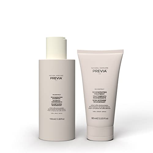 Previa Reconstruct Travel Kit for Damaged Hair - Regenerating Shampoo & Treatment with White Truffle - Vegan, Gluten-Free, Sulfate-Free Luxury Hair Care Set for Dry, Brittle Hair (3.4 oz & 2 oz)