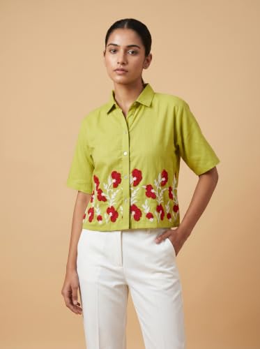 Image of Stylish Women's Embroidered Shirts | Geometric Pattern Half Sleeve Collared Button-Up Casual Shirt for Women