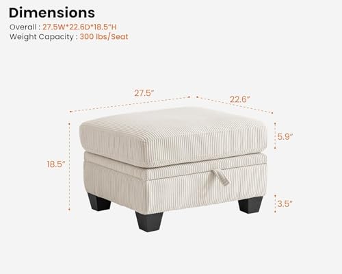 Image of CHIC HOUSE Middle Module for Modular Couch, Corduroy Customizable Chaise, Storage Ottoman for Sectional Sofa, Armrest, Single Ottoman