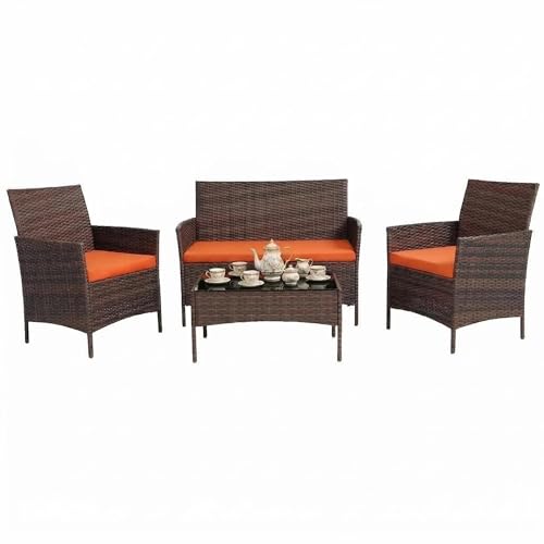 4 Piece Patio Furniture Set, Outdoor Deck Rattan Chair Wicker