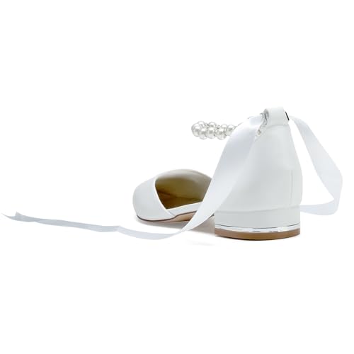 Elegant Pearl-Embellished Bridal Flats Pointed Toe Ballet Pumps with Ribbon Tie (2.5cm) PU Wedding Shoes2