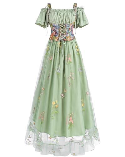 FCCAM Mittelalter Kleidung Damen Set | Elfen Kostüm | Zweiteiliges Maxikleid in Grün | Off-Shoulder Oberteil & Tüllrock mit Blumenstickerei XL