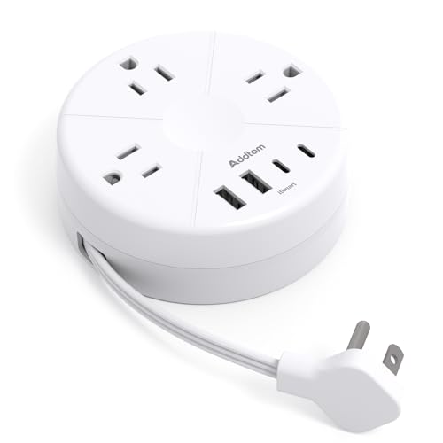 Addtam Travel Esstentials - Cruise Approved Power Strip with 5ft Retractable Cord Ultra Thin Flat Plug 3 Outlets 4 USB (2 USB C) Non Surge Protector for Travel/Cruise/Home/Dorm/Office ETL Listed