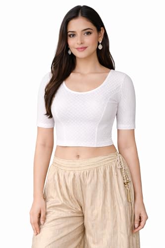 Image of Fressia Fabrics Pure Cotton 4-Way Stretch Readymade Blouse for Women | Free Size to 4XL Stretchable Round Neck Dobby Cotton Half Sleeve Readymade Saree Blouse for Women Stylish